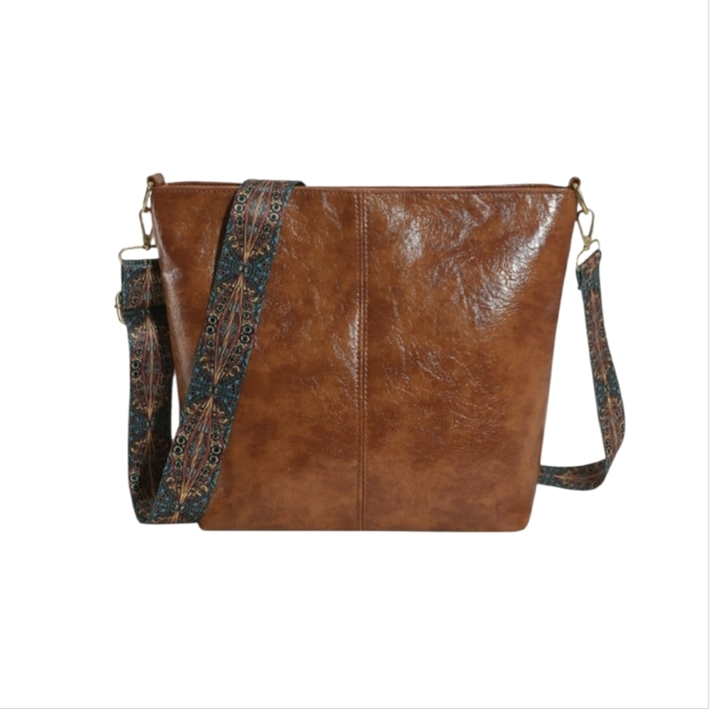 Camel Boho-style shoulder bag - Removable ethnic strap - Vegan leather